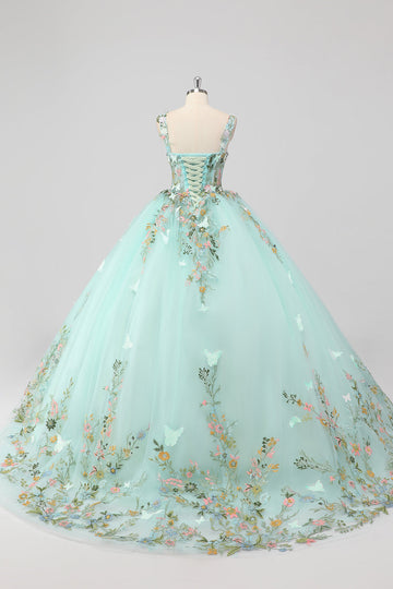 Princesse Menthe Robe de Bal Spaghetti Bretelles Tulle Quinceanera Robe avec Appliques De Fleurs